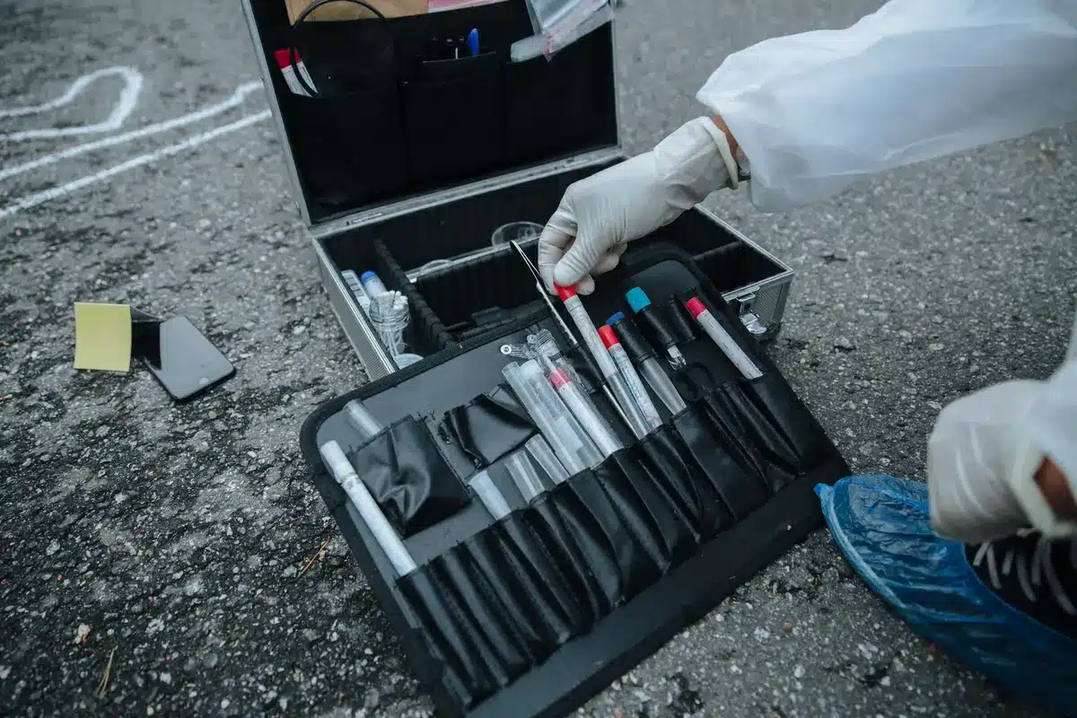 Policjanci zabezpieczają dowody na miejscu zdarzenia
