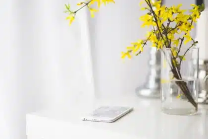 Dwie anonimowe sylwetki w kuchni, na stole smartfon z rozmytym wykresem dźwięku