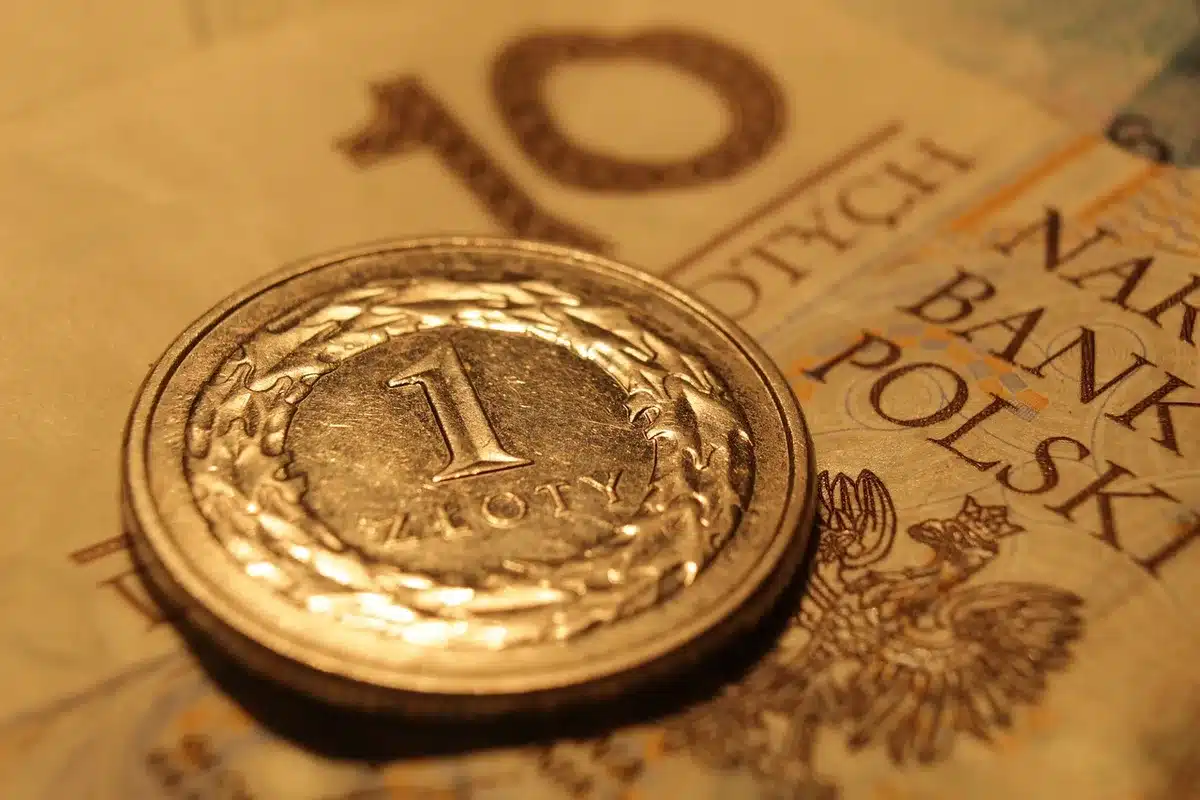 Moneta 2 zł i banknoty na stole symbolizujące wymaganą stawkę