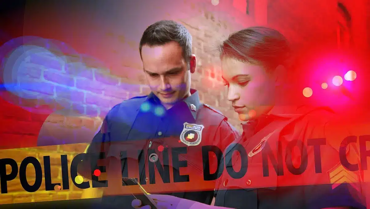 Policjanci pracują przy miejscu zdarzenia, zabezpieczają ślady